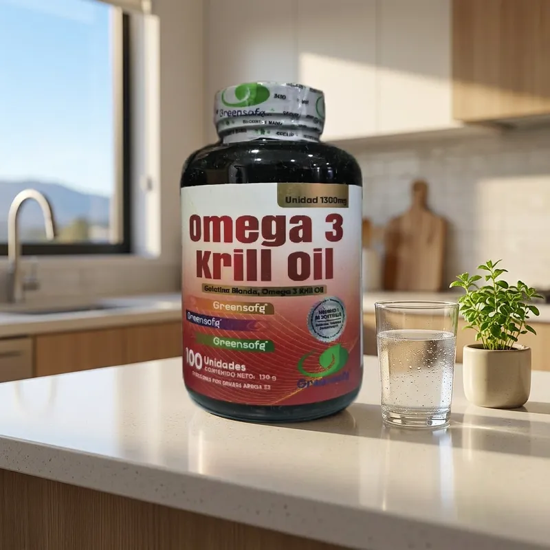 Aceite de krill en cápsulas en la cocina de una casa, junto a un vaso de agua