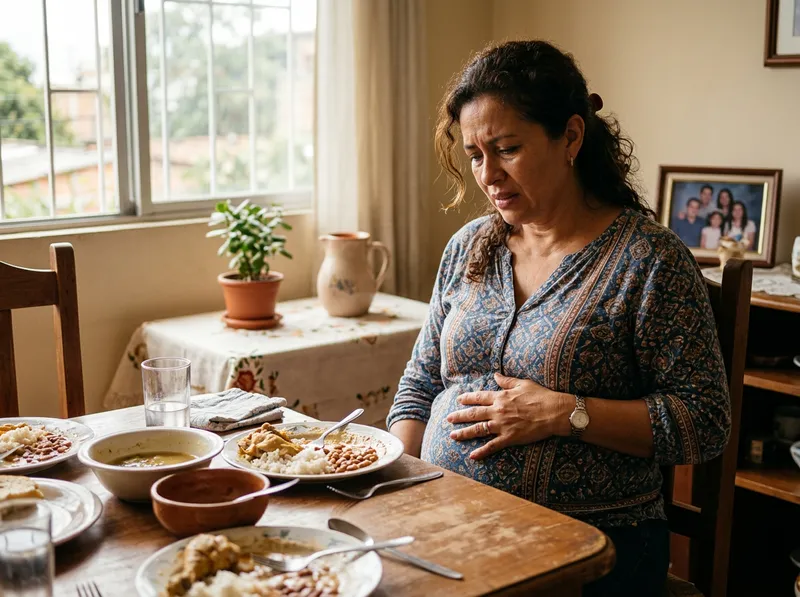 Una mujer de unos 45 años en su comedor en Cali, con una mano sobre su abdomen hinchado después de almorzar, mostrando incomodidad y pesadez.