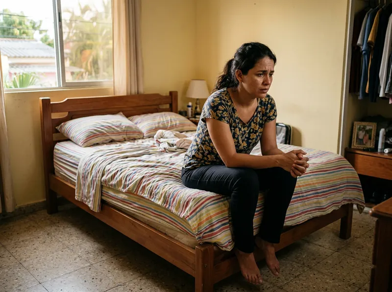 Una mujer joven de unos 30 años sentada en el borde de su cama en Barranquilla, con expresión de incomodidad y preocupación, frotándose sutilmente las manos por el estrés de la molestia íntima.