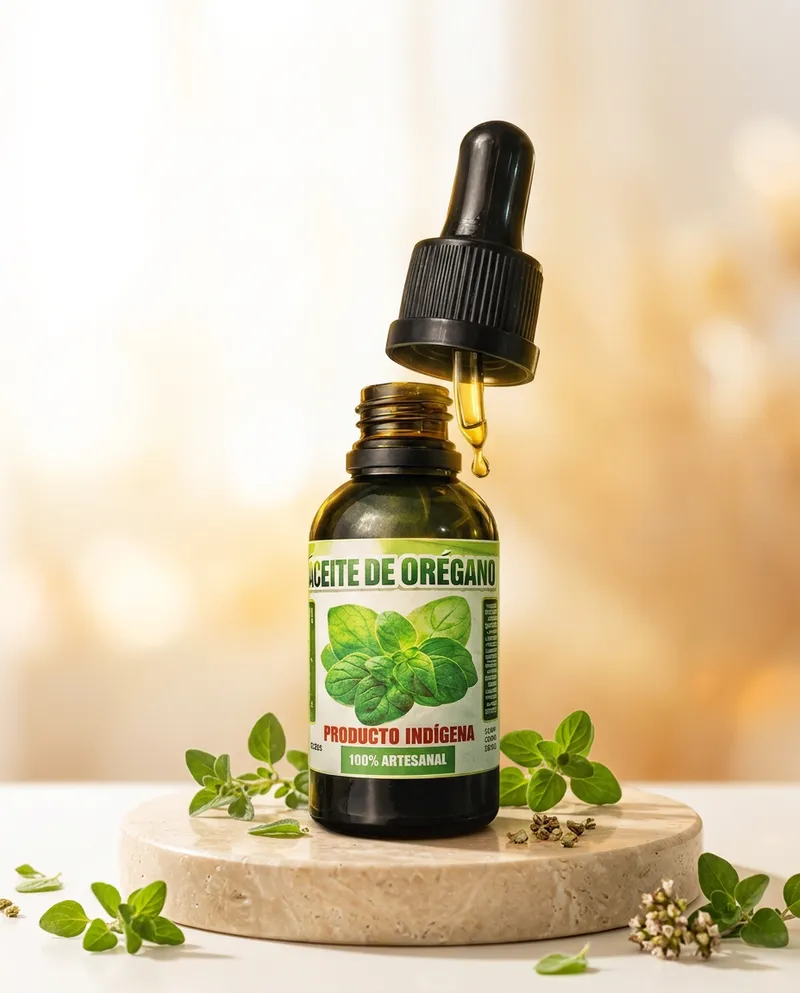 Aceite de orégano sobre una piedra en un estudio luminoso, con sus ingredientes