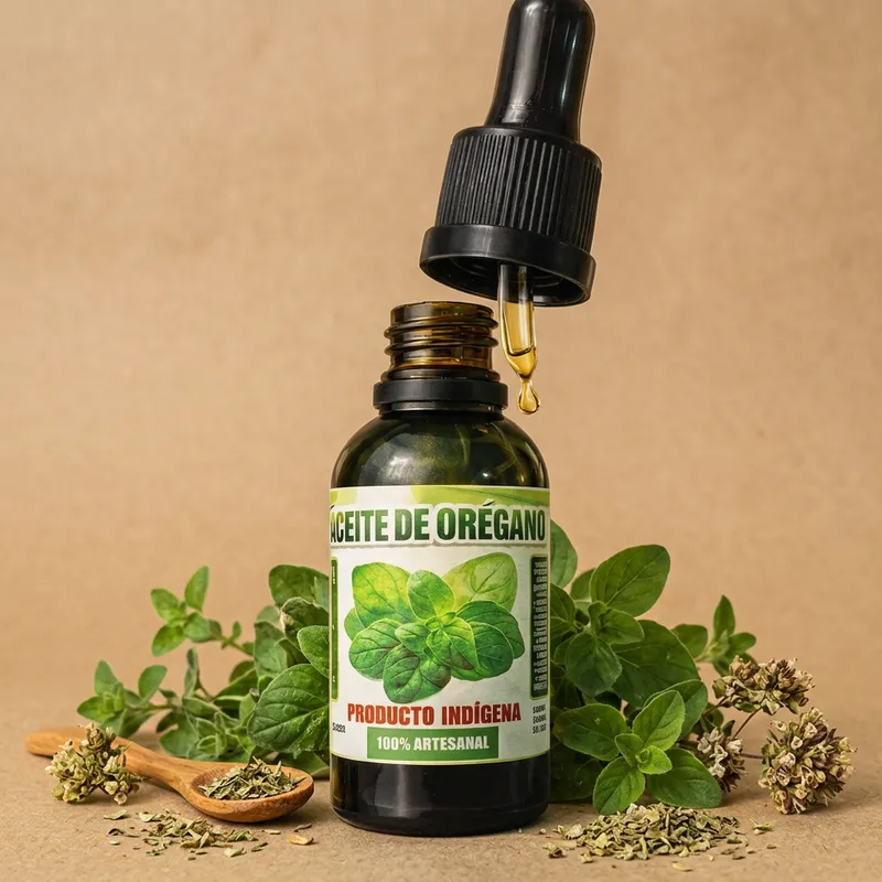 Aceite de orégano con sus ingredientes naturales alrededor