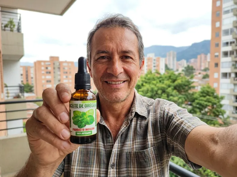 Un hombre colombiano de unos 48 años sonriendo en el balcón de su apartamento en Bogotá, sosteniendo un frasco de aceite de orégano con gotero, foto tomada con celular.
