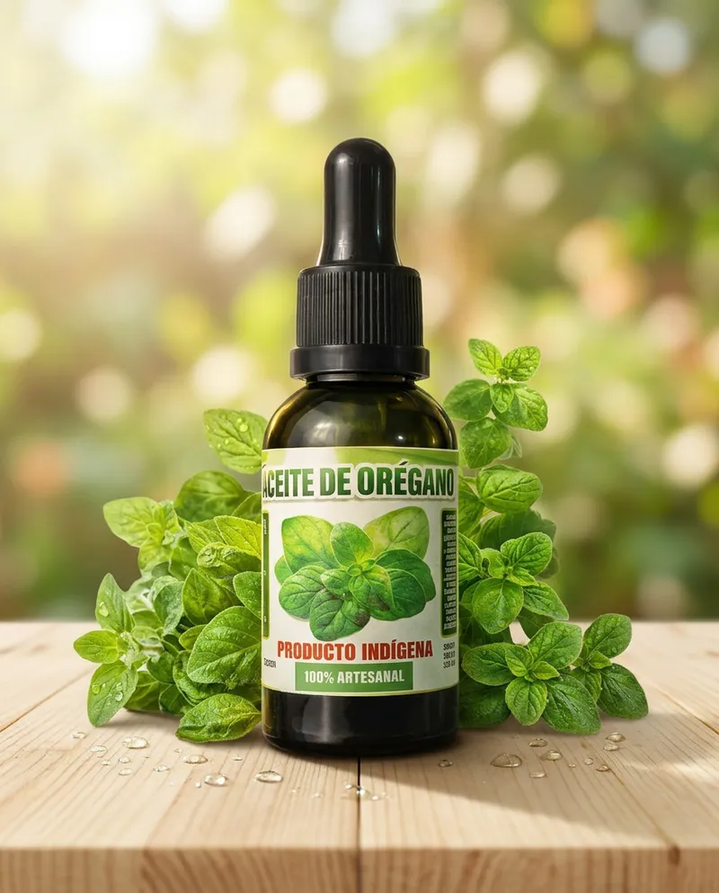 Un frasco de vidrio ámbar con gotero de aceite de orégano sobre una mesa de madera clara, rodeado de hojas frescas de orégano verde y gotas de rocío, con un fondo luminoso y natural de jardín soleado.