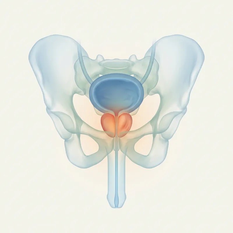 Ilustración médica 3D sencilla de la zona pélvica masculina mostrando la vejiga y la próstata inflamada.