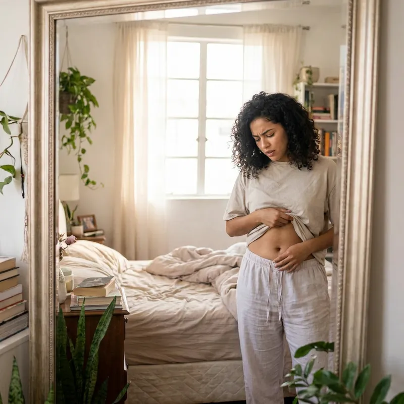 Mujer latina joven en pijama mirando de perfil su abdomen inflamado frente al espejo con frustración.