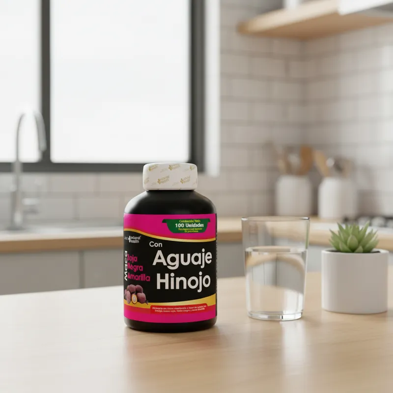 Aguaje con hinojo masticable en la cocina de una casa, junto a un vaso de agua