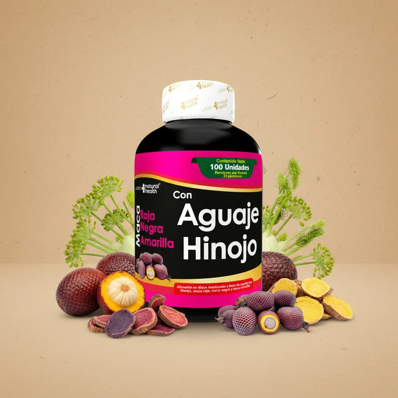 Aguaje con hinojo masticable con sus ingredientes naturales alrededor