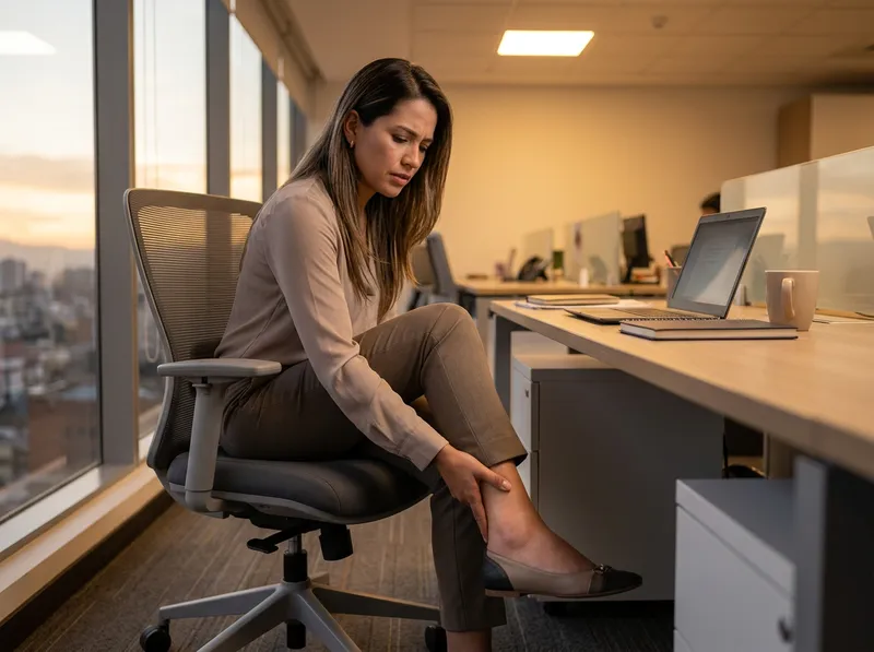 Mujer colombiana de unos 35 años sentada en su oficina al final de la tarde, tocándose el tobillo con expresión de incomodidad por la hinchazón.