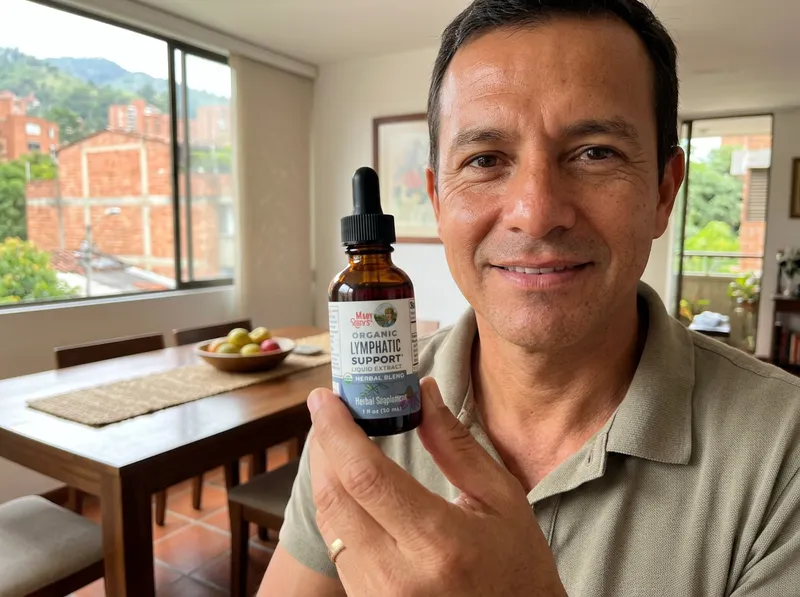 Un hombre colombiano de unos 45 años en el comedor de su casa en Medellín, sosteniendo el frasco de gotas.