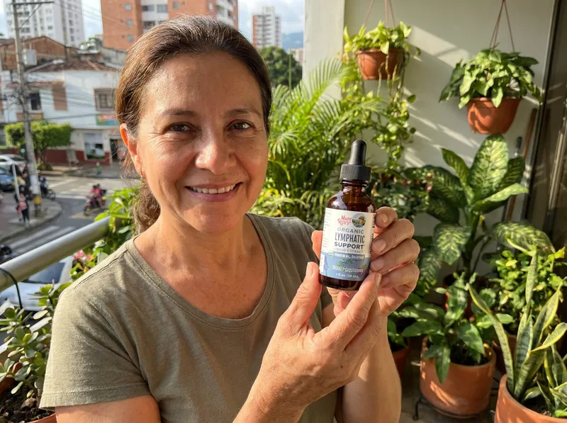 Una mujer colombiana de unos 52 años en un balcón con plantas en Cali, sosteniendo el frasco de gotas.