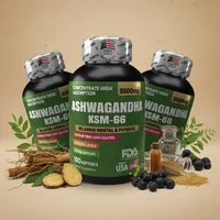 Ashwagandha en cápsulas con sus ingredientes naturales alrededor