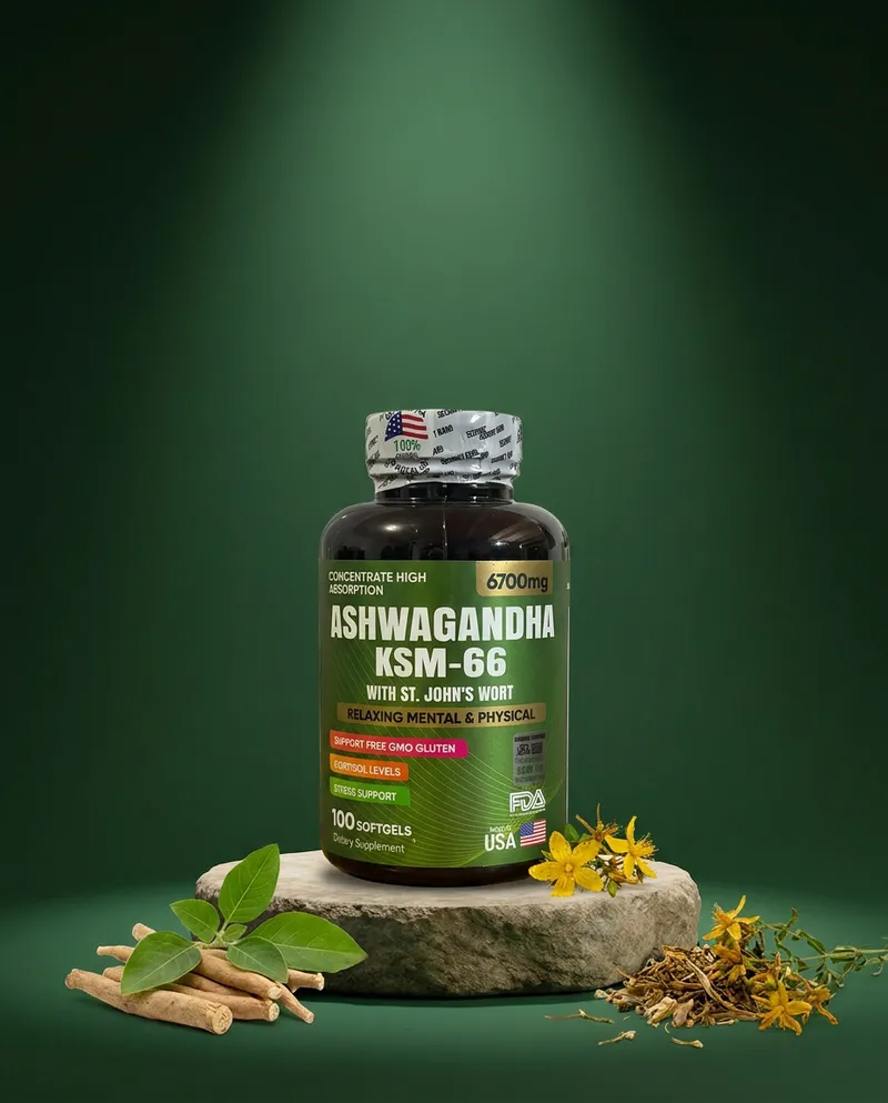 Ashwagandha y hierba de San Juan sobre una piedra en un estudio verde, con sus ingredientes