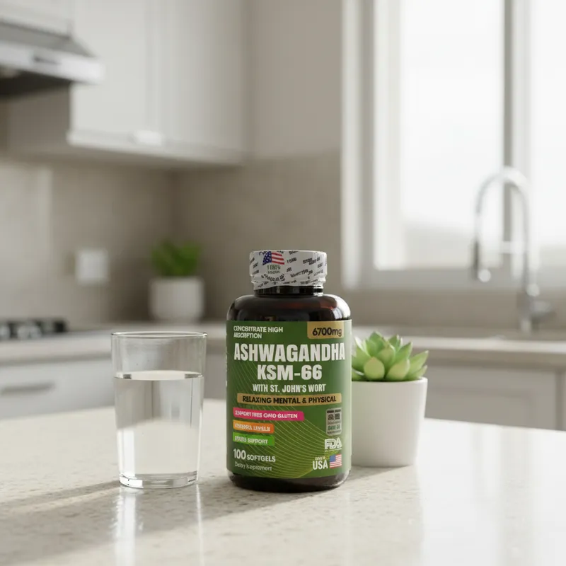 Ashwagandha y hierba de San Juan en la cocina de una casa, junto a un vaso de agua