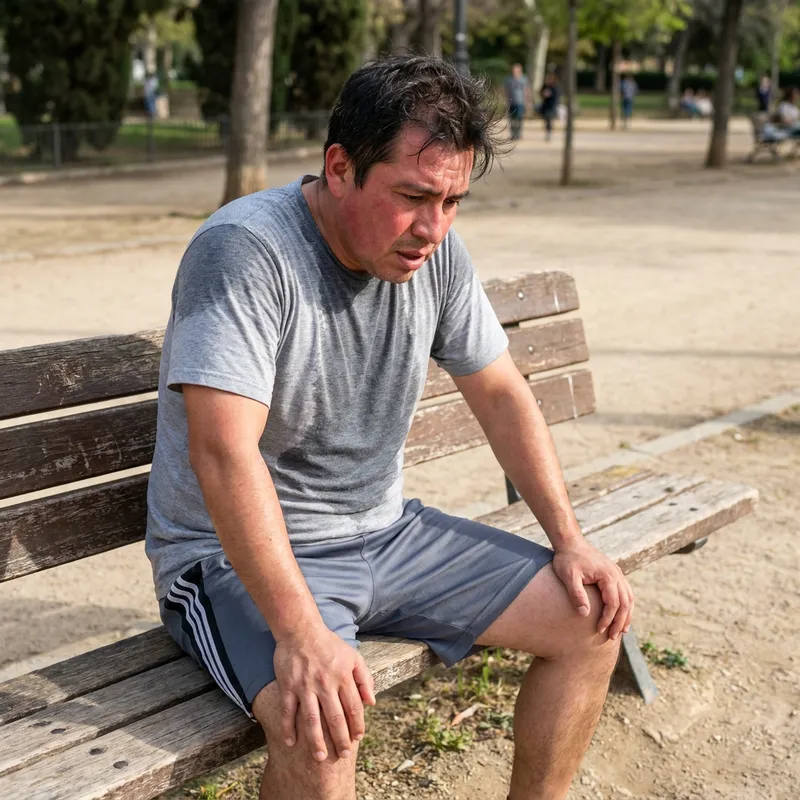 Un hombre latino de unos 40 años sentado en el suelo de un parque, exhausto y sin aliento a mitad de su rutina.