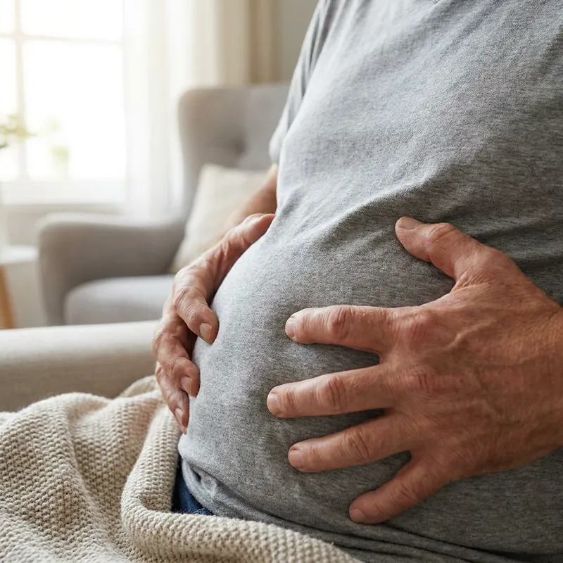 Una persona tocándose el abdomen inflamado con incomodidad sobre la ropa en su sala.