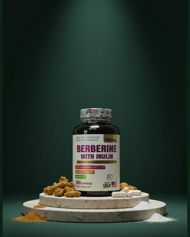 Berberina con inulina sobre una piedra en un estudio verde, con sus ingredientes