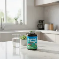 Bisglicinato de magnesio en la cocina de una casa, junto a un vaso de agua