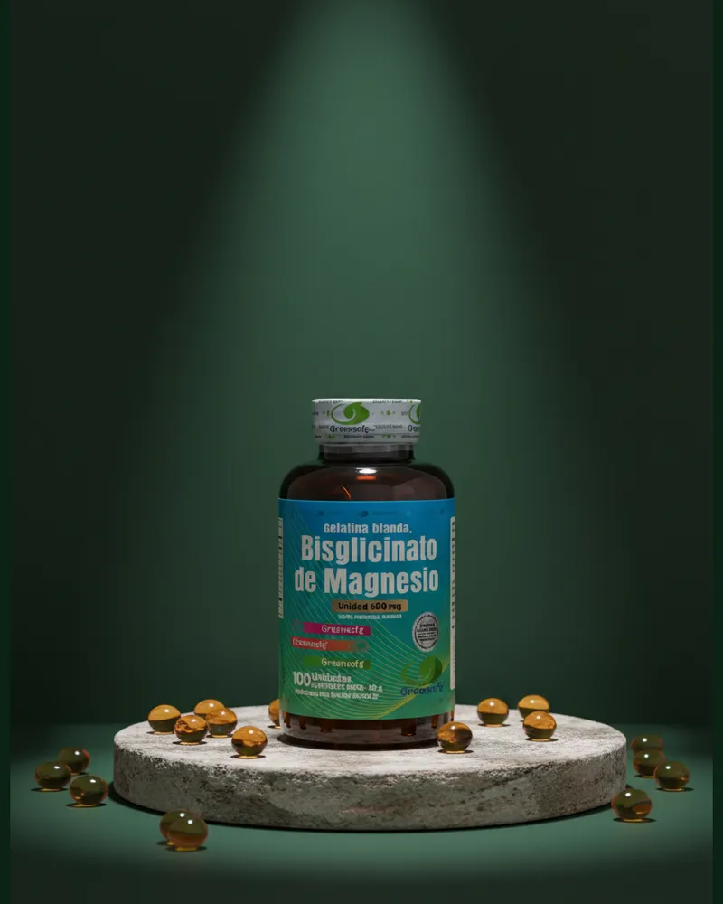 Bisglicinato de magnesio sobre una piedra en un estudio verde, con sus ingredientes