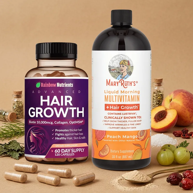 Cápsulas de biotina y colágeno con sus ingredientes naturales alrededor
