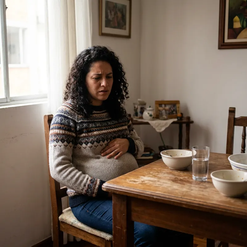 Una mujer colombiana en su comedor, con expresión de incomodidad, tocándose el abdomen inflamado después de comer.