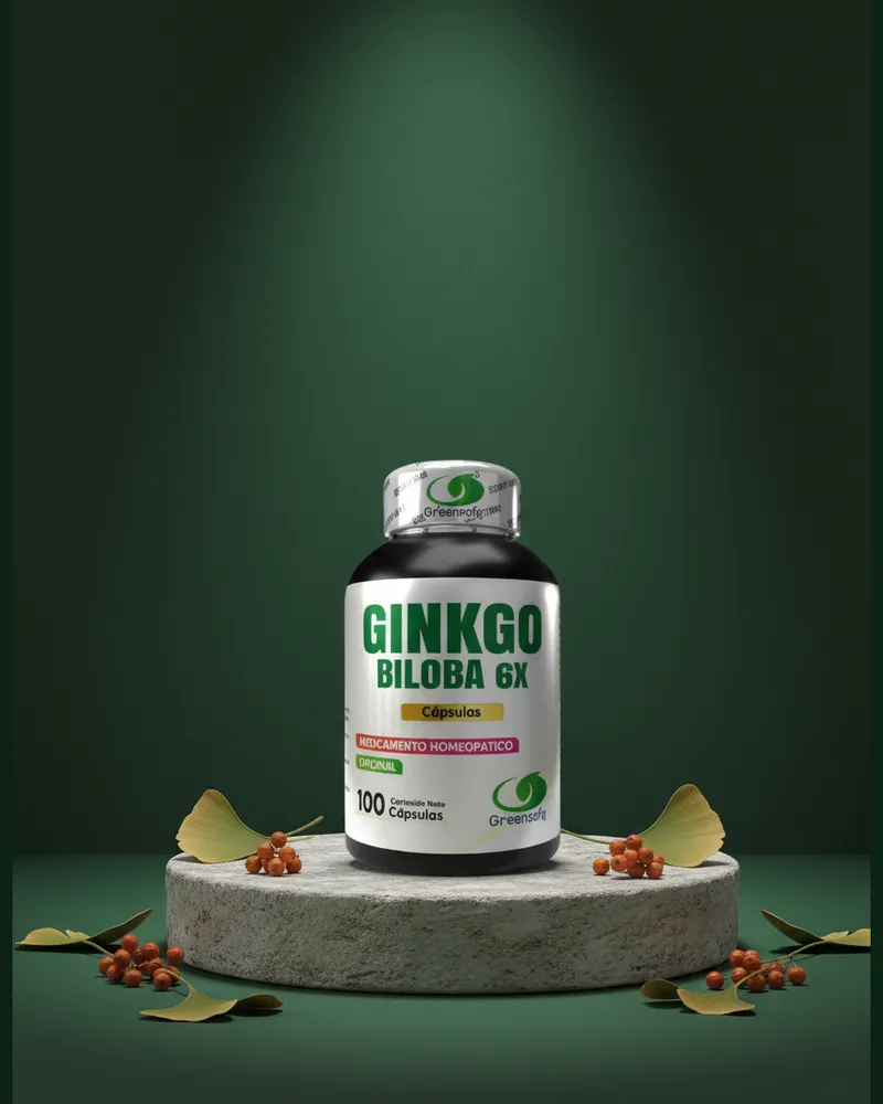 Cápsulas de ginkgo biloba sobre una piedra en un estudio verde, con sus ingredientes