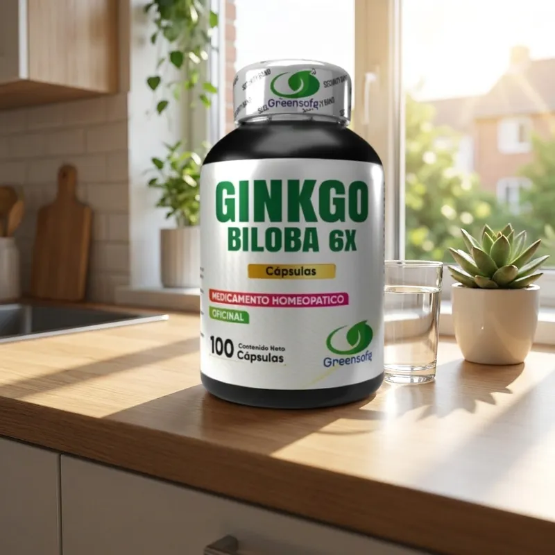 Cápsulas de ginkgo biloba en la cocina de una casa, junto a un vaso de agua