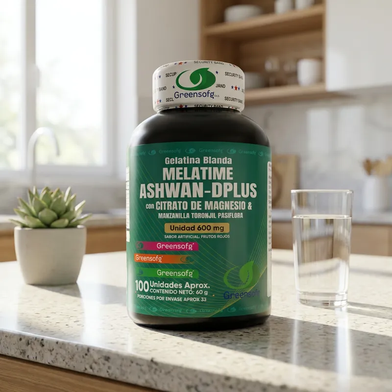 Cápsulas de magnesio y hierbas en la cocina de una casa, junto a un vaso de agua