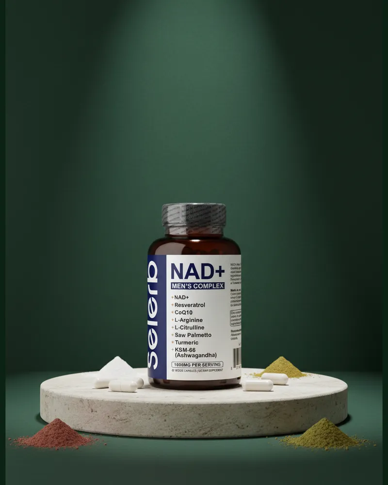 Cápsulas de NAD+ para hombres sobre una piedra en un estudio verde, con sus ingredientes