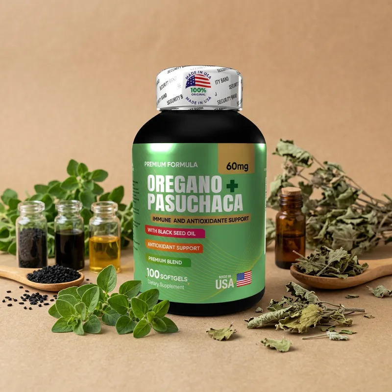 Cápsulas de orégano y pasuchaca con sus ingredientes naturales alrededor