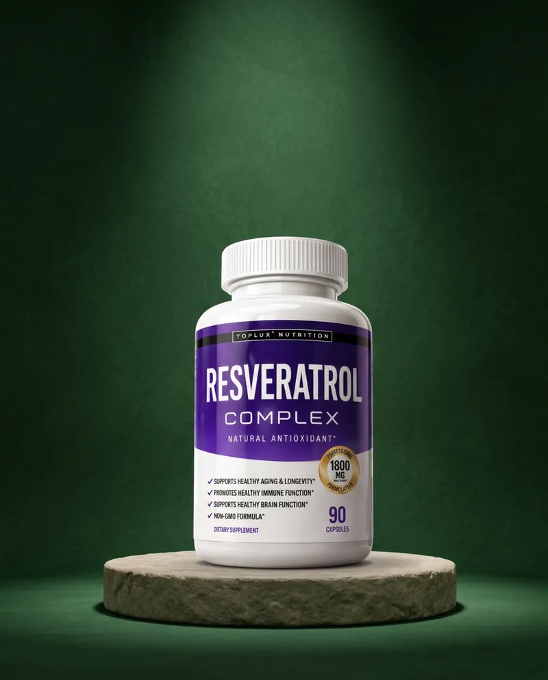 Cápsulas de resveratrol sobre una piedra en un estudio verde, con sus ingredientes