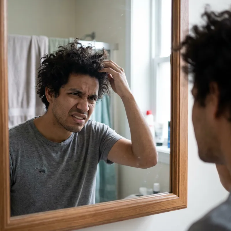 Un hombre joven con el cabello seco y con frizz, tocándolo con frustración frente al espejo.