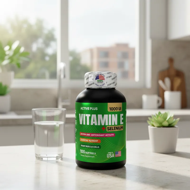 Cápsulas de vitamina E y selenio en la cocina de una casa, junto a un vaso de agua
