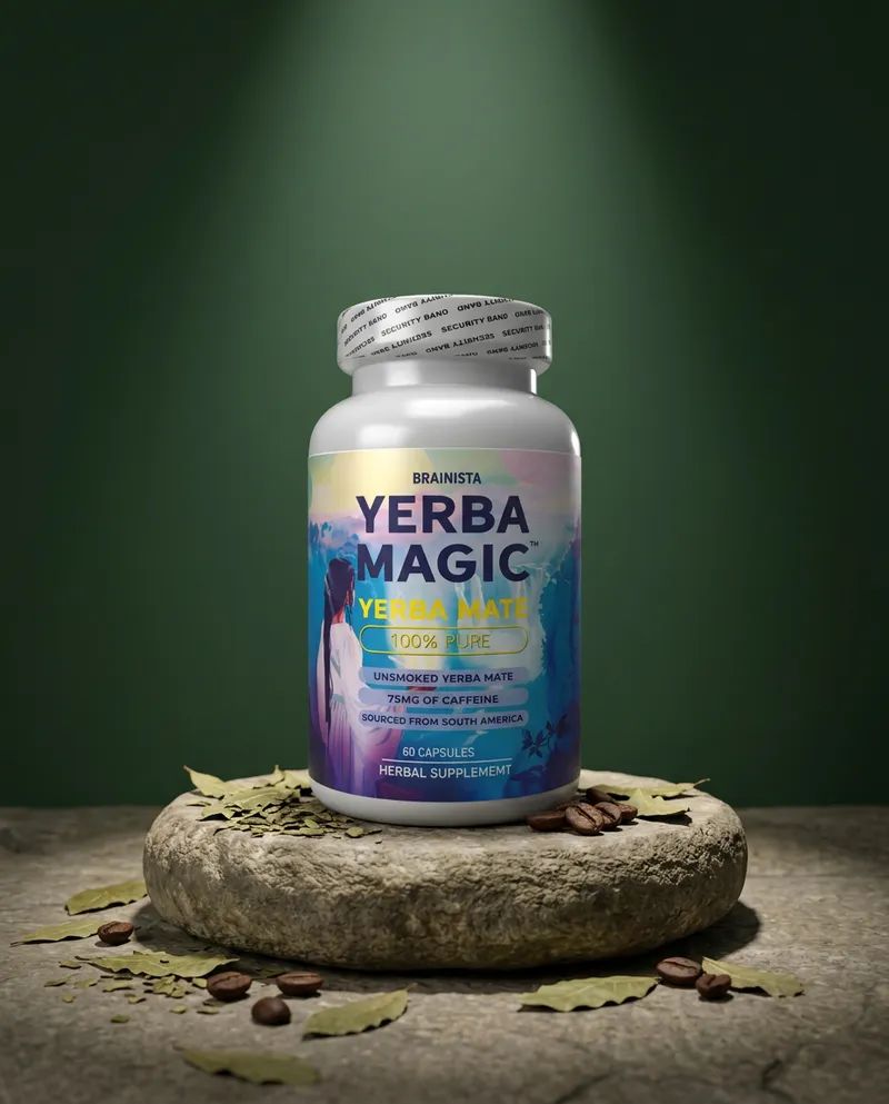 Cápsulas de yerba mate sobre una piedra en un estudio verde, con sus ingredientes