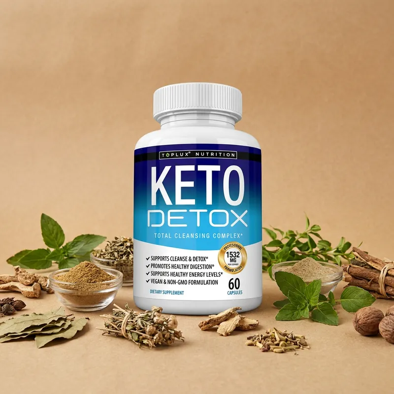 Cápsulas keto detox con sus ingredientes naturales alrededor