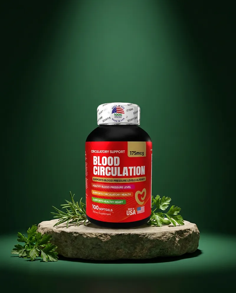 Cápsulas para circulación sobre una piedra en un estudio verde, con sus ingredientes