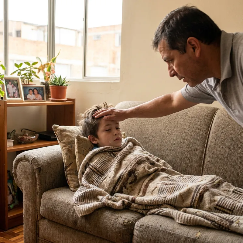Un niño pequeño acostado en el sofá con una manta, viéndose decaído mientras su papá le toca la frente