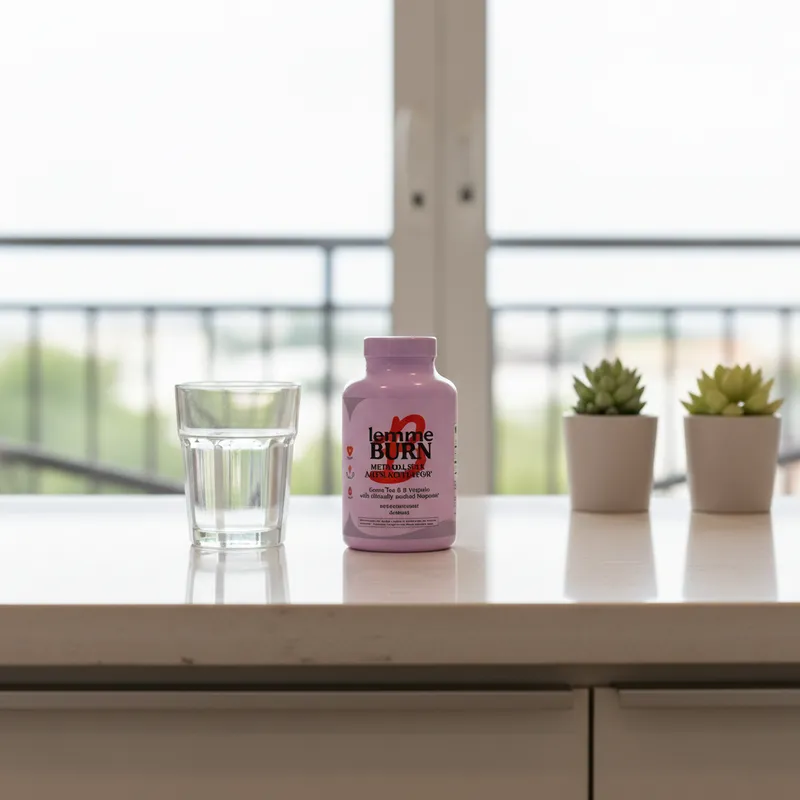 Cápsulas para el metabolismo en la cocina de una casa, junto a un vaso de agua