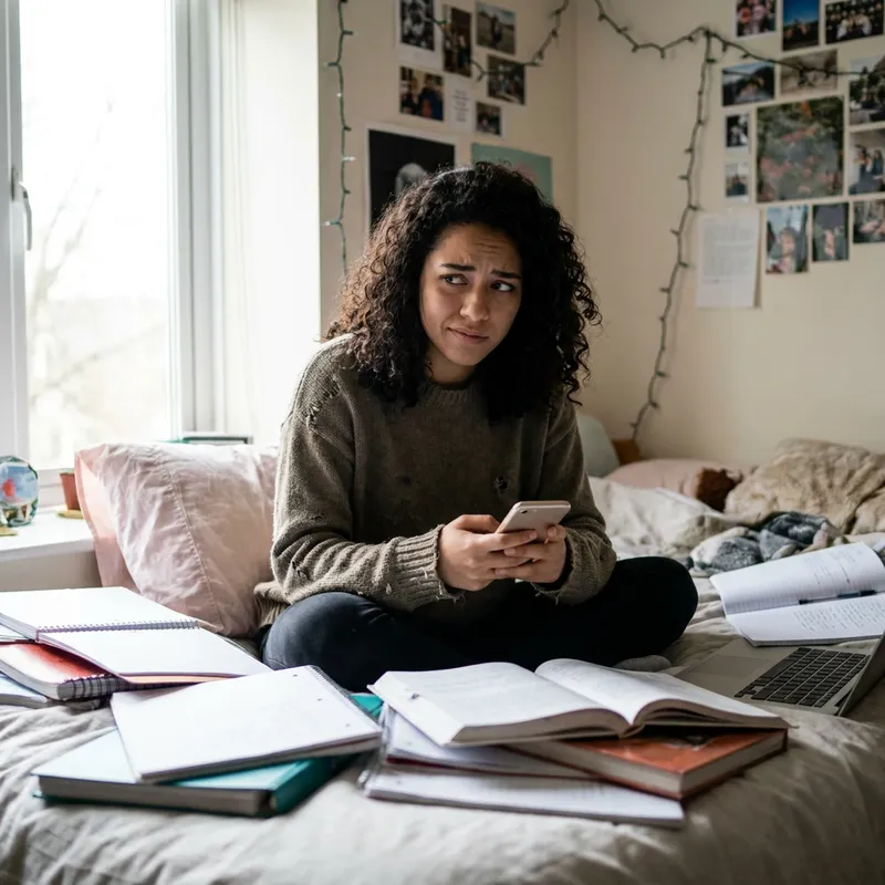 Una estudiante universitaria colombiana rodeada de libros, mirando su celular con culpa y frustración por no poder concentrarse.