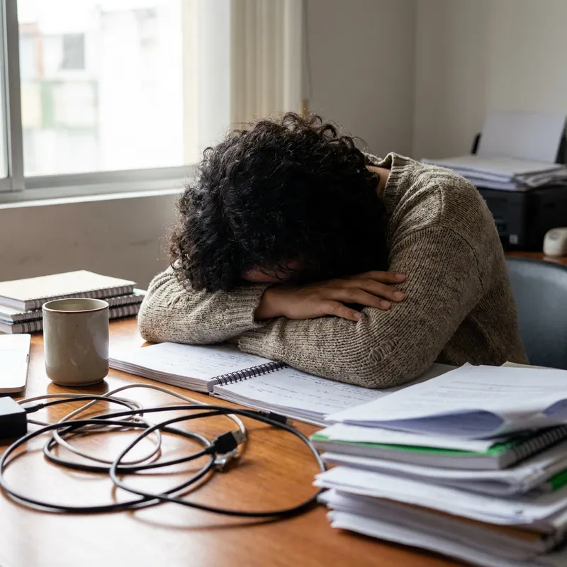 Mujer en su oficina en casa, recostada sobre el escritorio con los ojos cerrados, exhausta.