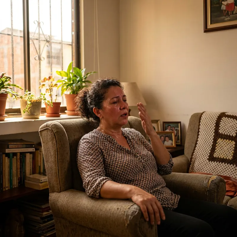 Mujer colombiana de unos 50 años en su sala, abanicándose con la mano y con expresión de calor y agobio, luz natural de la tarde.