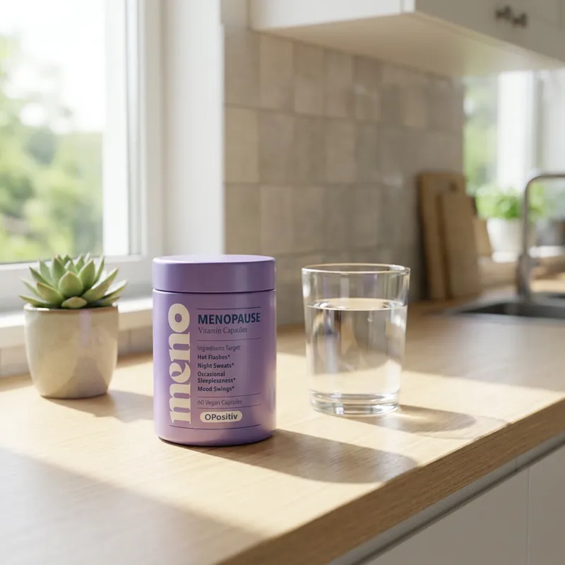 Cápsulas para la menopausia en la cocina de una casa, junto a un vaso de agua