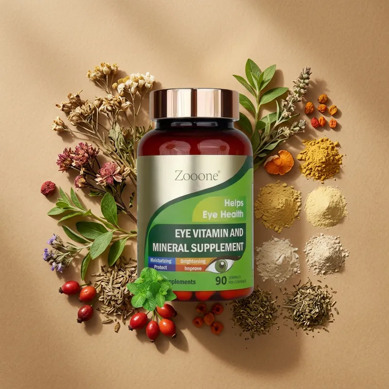 Cápsulas para la salud visual con sus ingredientes naturales alrededor