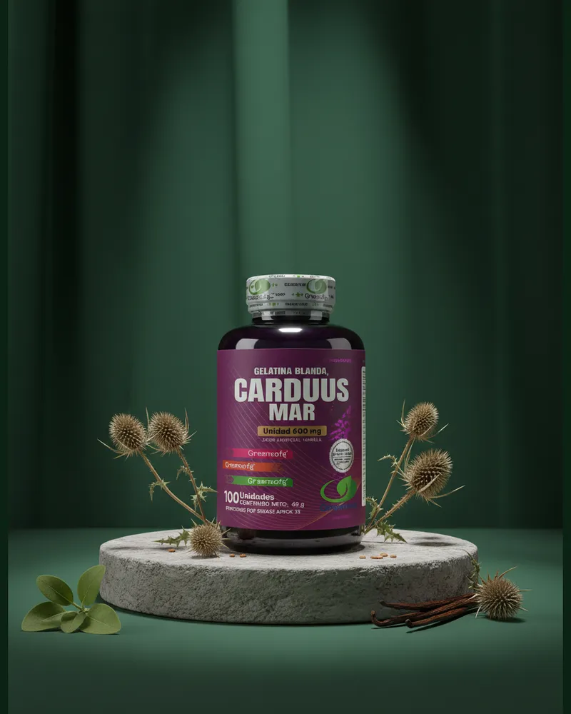 Cardo mariano en cápsulas sobre una piedra en un estudio verde, con sus ingredientes