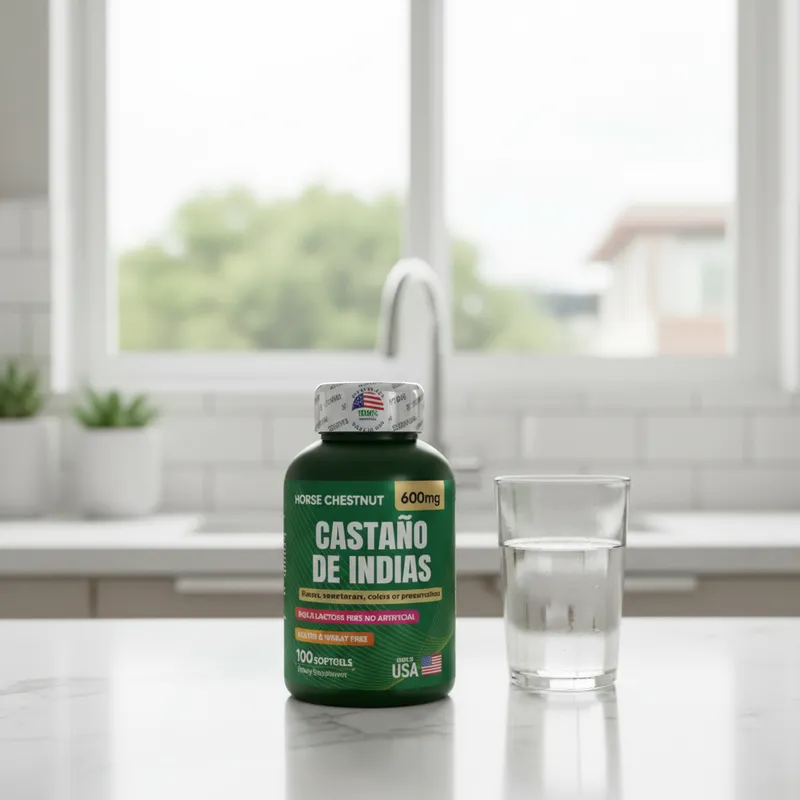 Castaño de indias en cápsulas en la cocina de una casa, junto a un vaso de agua