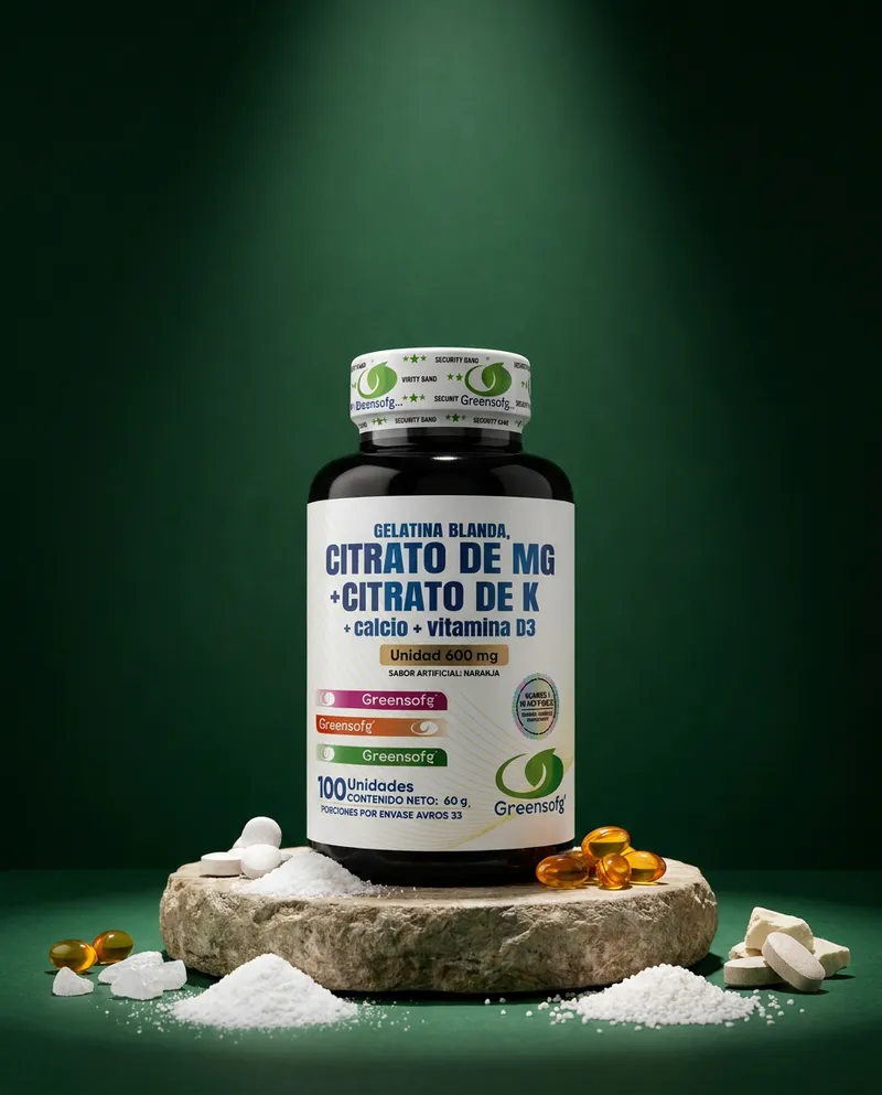 Citrato de magnesio 5 en 1 sobre una piedra en un estudio verde, con sus ingredientes