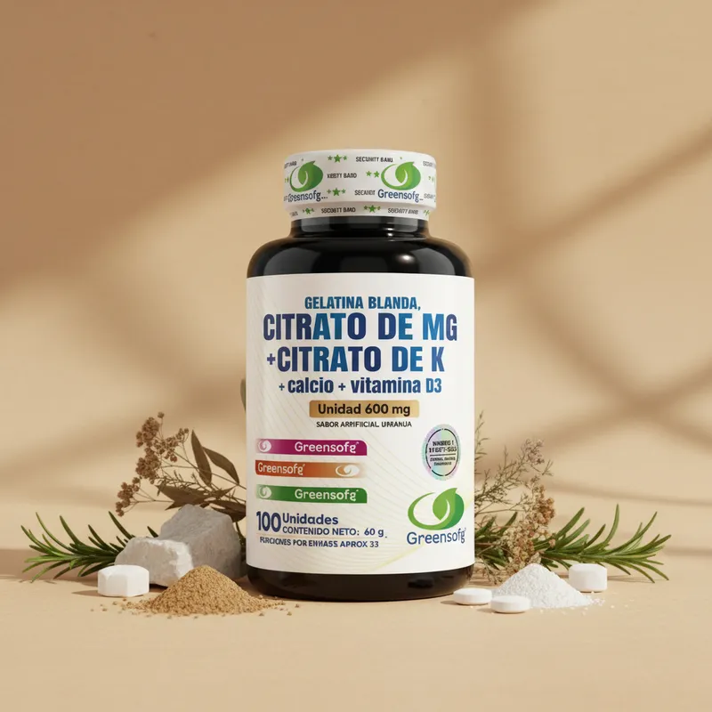 Citrato de magnesio 5 en 1 con sus ingredientes naturales alrededor