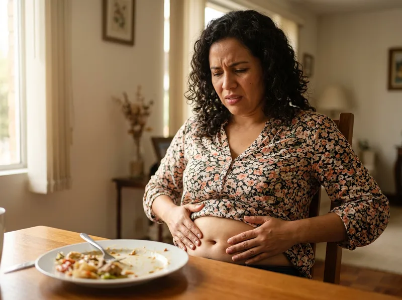 Una mujer colombiana de unos 35 años sentada en el comedor de su casa, con expresión de incomodidad y pesadez, tocándose suavemente el abdomen después de almorzar.