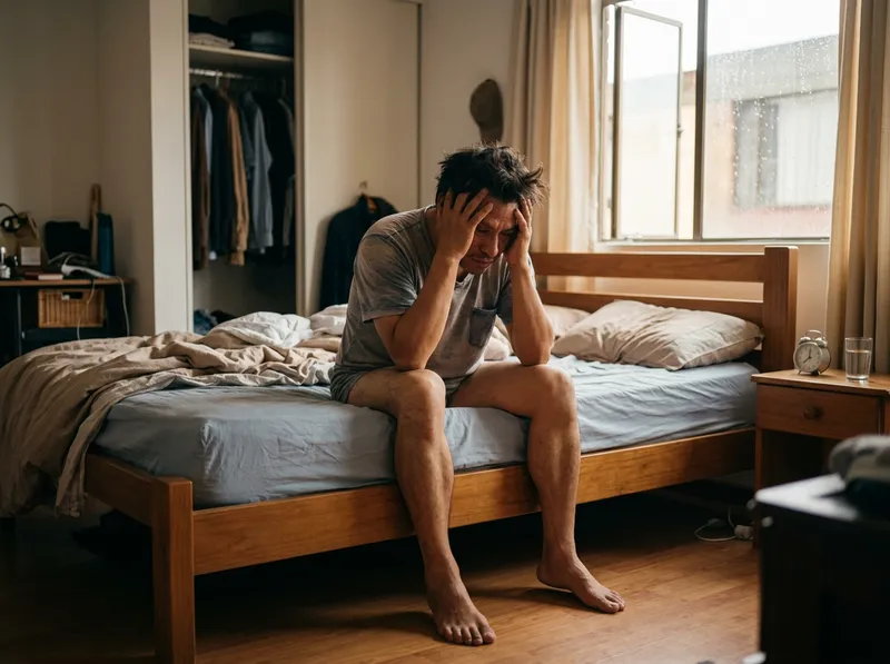 Un hombre colombiano de unos 40 años sentado en el borde de su cama por la mañana, con la cabeza entre las manos, mostrando frustración y cansancio.