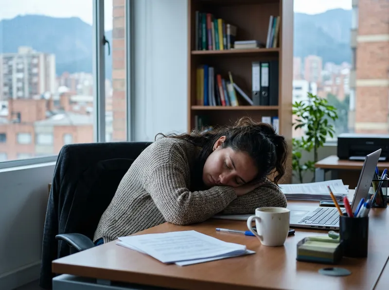 Una mujer colombiana de unos 28 años en su oficina en Bogotá, recostada sobre su escritorio con los ojos cerrados, mostrando fatiga extrema y falta de energía.