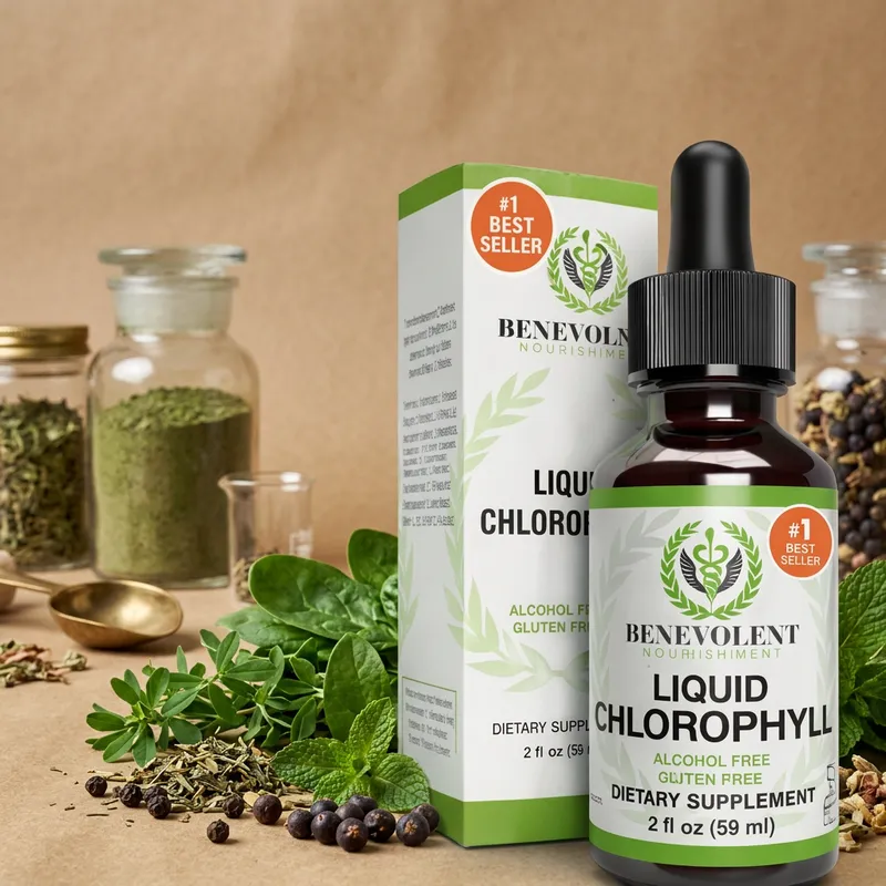 Clorofila líquida con sus ingredientes naturales alrededor